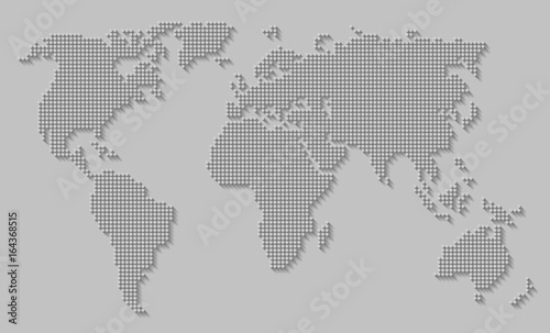 Abstract world map of dots / circles with long shadow on gray background. Illustration