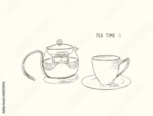 tea set , kettle and cup , sketch vector.