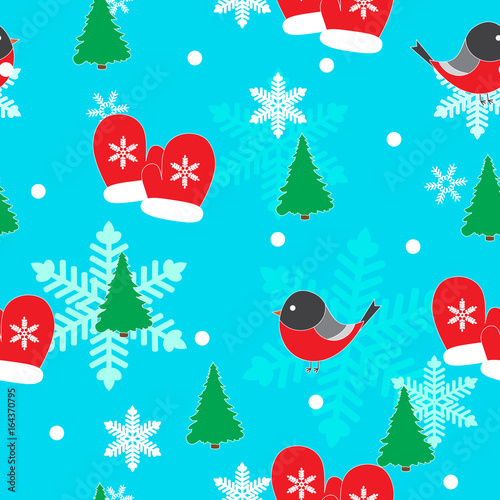 Seamless winter pattern with bullfinches. 