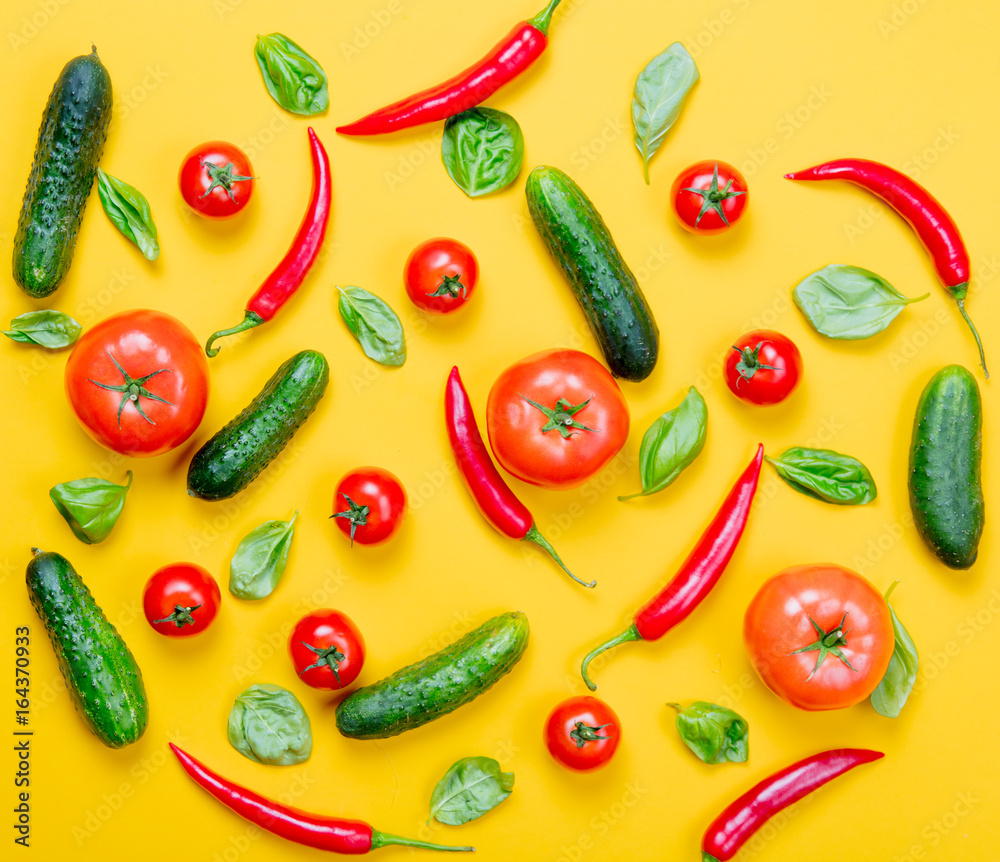 Chili pepper and tomatoes with cucumbers Chili pepper and tomatoes with cucumbers