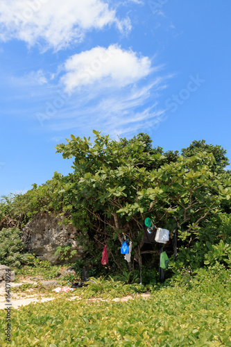 Blue sky , a rock and tree with beach goods in Hateruma island, Okinawa(波照間島)