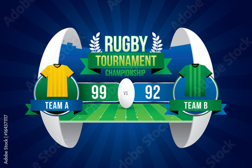 Rugby ball design with team players and scoreboard.