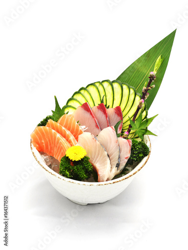 Japanese tradition food. Various medium Sashimi set on ice bowl with white isolated background