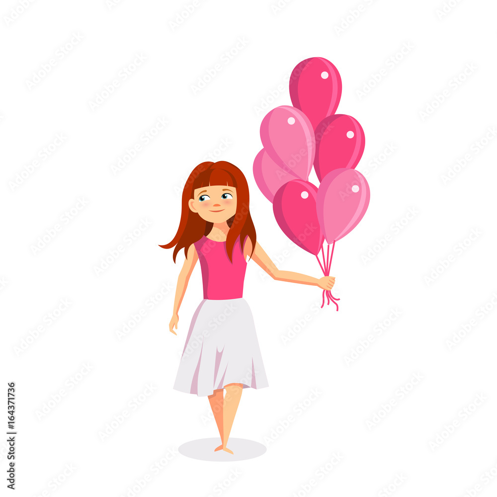 Happy little girl with pink balloons vector illustration