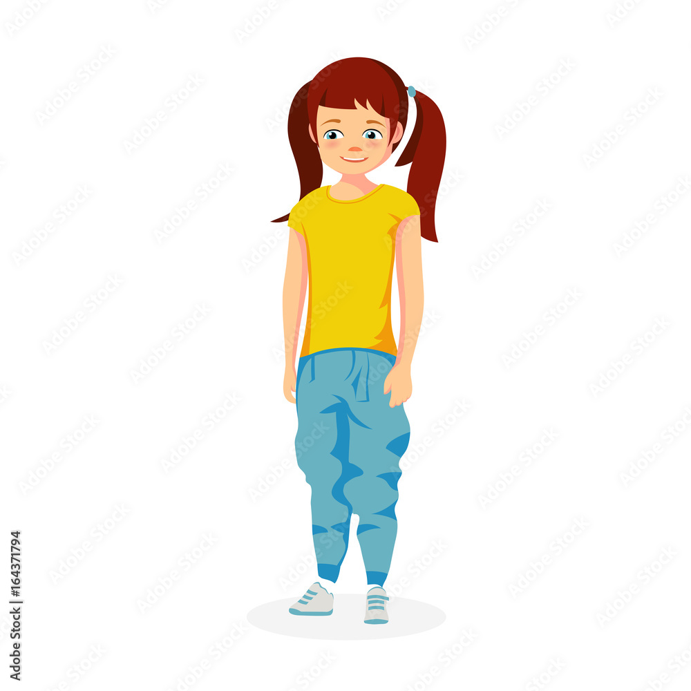 Cute little girl in jeans summer look vector illustration Cute little girl in jeans summer look vector illustration