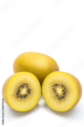 Slice Sun gold kiwi fruit on white background