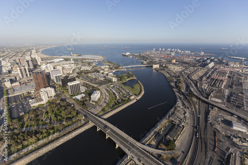 Aerial view of streets, buildings, port facilities and the end of the Los Angeles river in downtown Long Beach, California.    photo