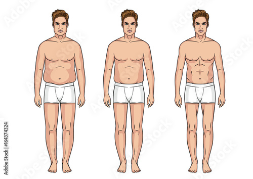 Stages of weight loss for men. Male transformation of the body. Sports fitness body vs a thick and fat body