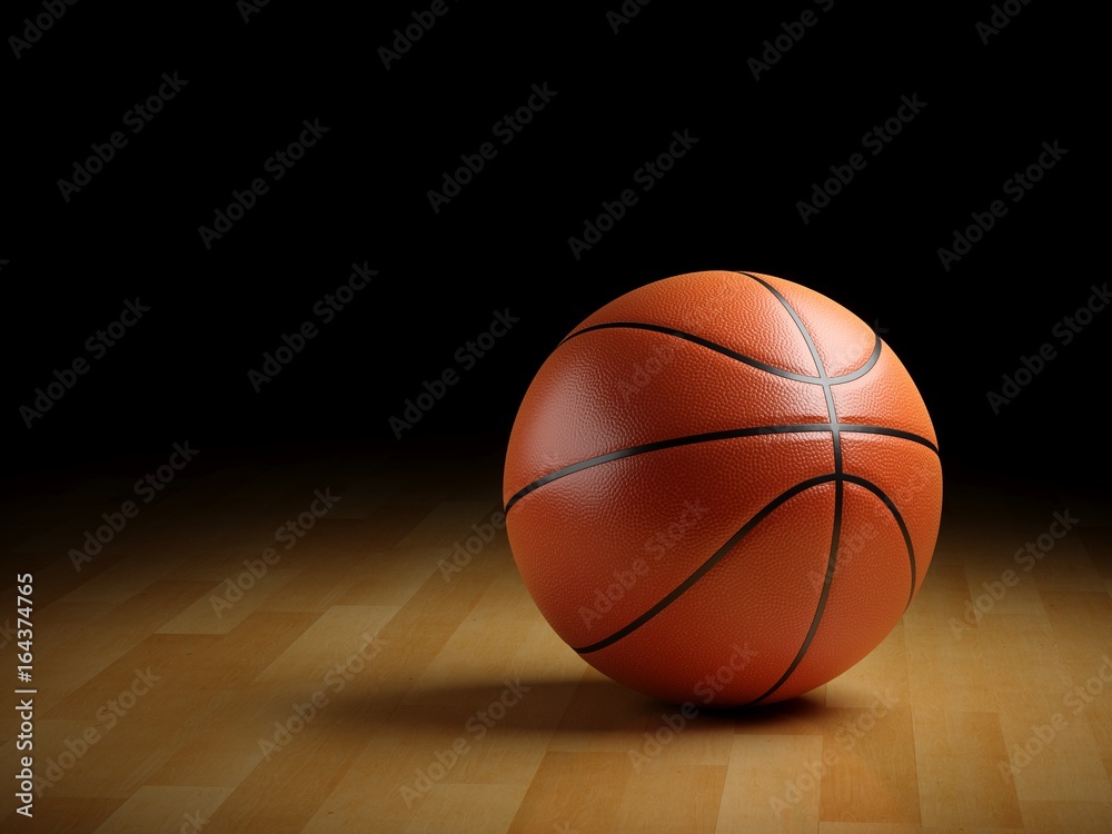 3D rendering basketball ball on wooden floor