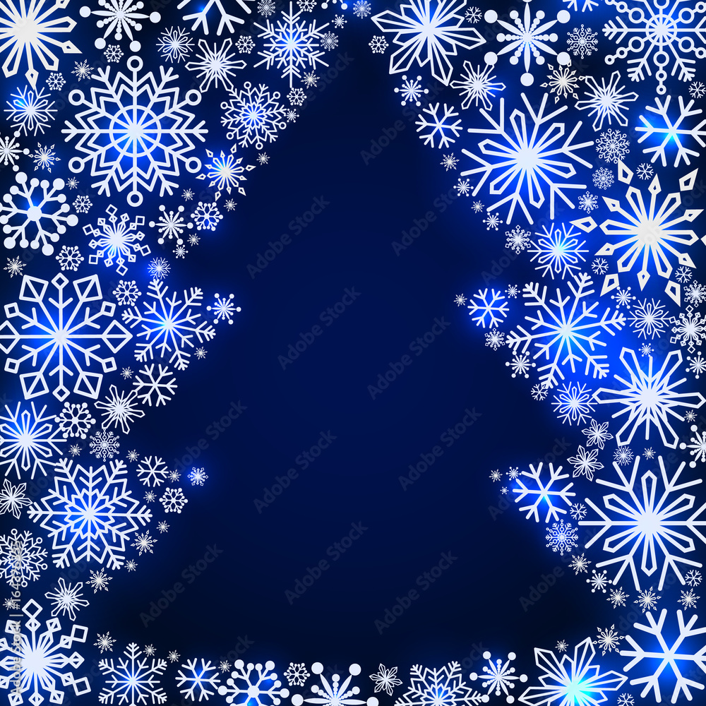 Snowflake frame in the shape of a Christmas tree. Winter theme. New Year s and Christmas. Snowflakes of different shapes and sizes. Vector illustrations.. Snowflake frame in the shape of a Christmas tree. Winter theme. New Year s and Christmas. Snowflakes of different shapes and sizes. Vector illustrations..
