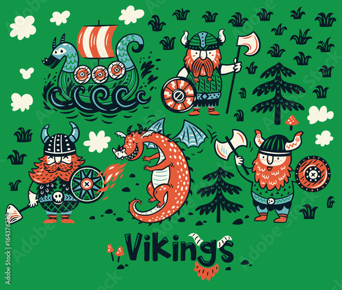 Nordic collection with vikings, dragon and ship in cartoon style