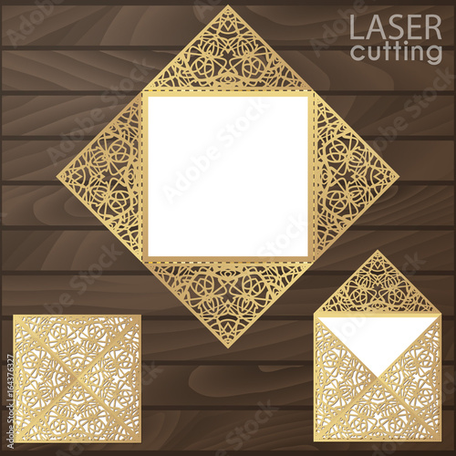 Laser cut square envelope with patterned corners.Wedding invitation card template vector. Cutout paper fold card for laser cutting or die cutting. Suitable for greeting cards, invitations, menus.