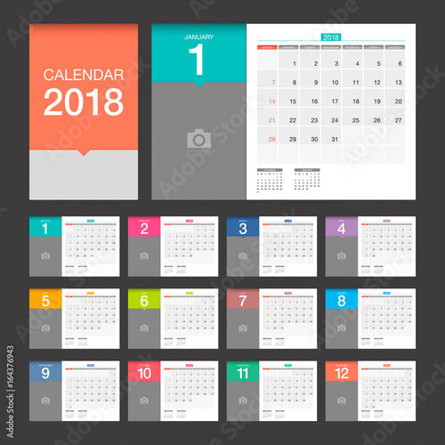 2018 Calendar. Desk Calendar modern design template with place for photo. Week starts Sunday. Vector illustration.