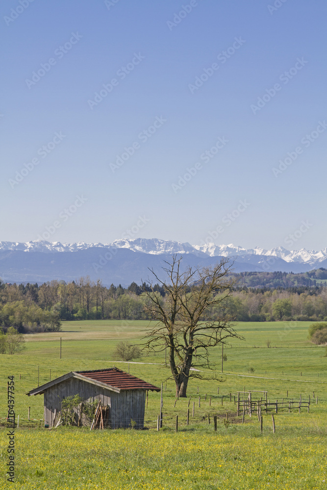 Fototapeta premium Blick auf die Bayrischen Voralpen mit Benediktenwand und dem Herzogstand, dahinter türmt sich das mächtige Karwendelgebirge auf