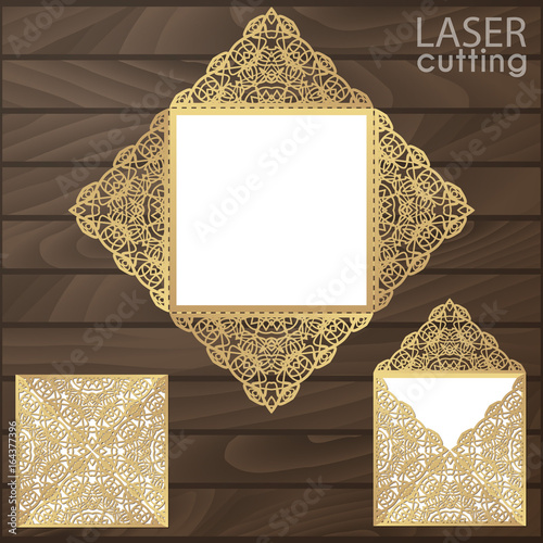 Laser cut square envelope with patterned corners.Wedding invitation card template vector. Cutout paper fold card for laser cutting or die cutting. Suitable for greeting cards, invitations, menus.