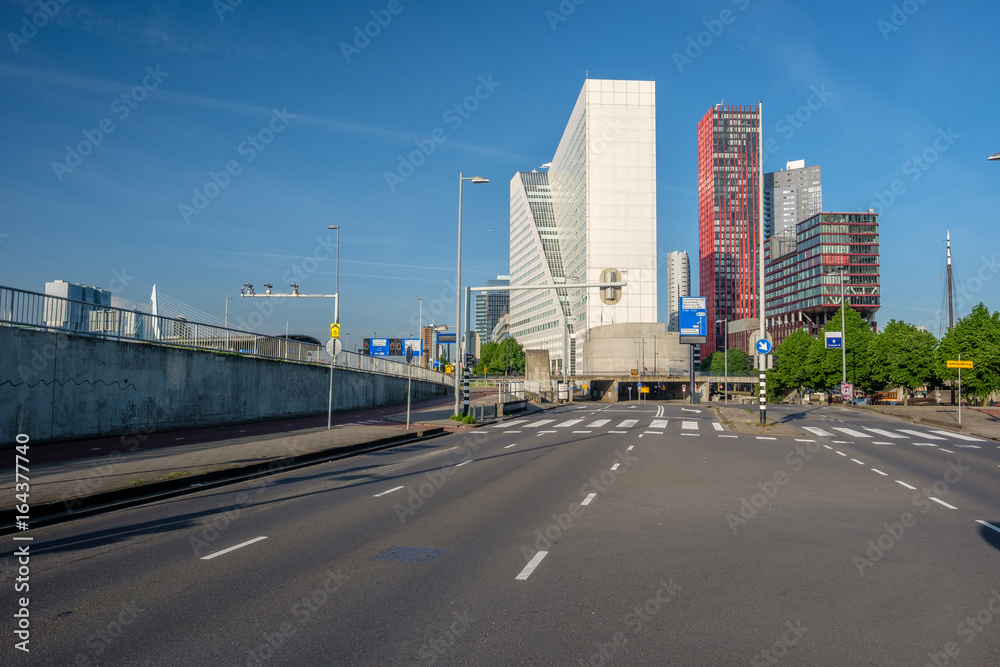 Rotterdam city cityscape skyline with empty road, South Holland, Netherlands.
