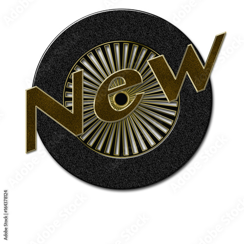 Modern web banner, spelling the word NEW, a car wheel design with shiny golden colors, Isolated against the white background.