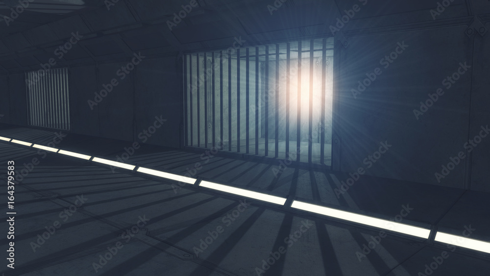 3d render. Futuristic jail corridor