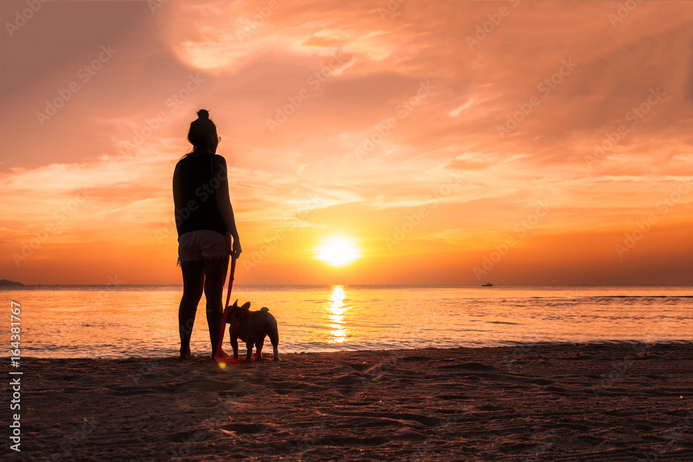 Obraz premium Woman with her dog in the beach on golden sunset background. 