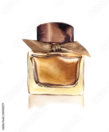 Hand drawned watercolor illustration of perfume's bottle with tape. Abstract watercolor pefume's bottle in brown and yellow. For advertisement case.