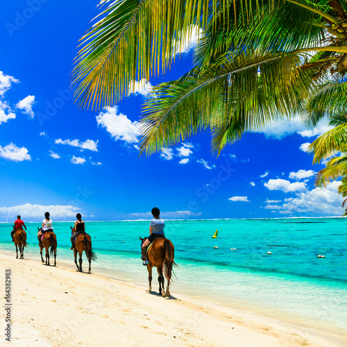 Fototapeta Naklejka Na Ścianę i Meble -  Horse riding on tropical beach. Mauritius island