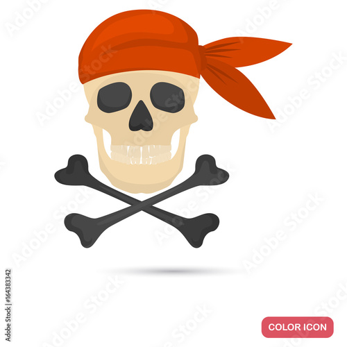 Pirate skull and crossed bones color flat icon for web and mobile design