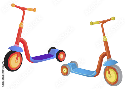 Two cute color kick scooter. Push scooter isolated on white background. Eco transport for kids. Vector illustration.