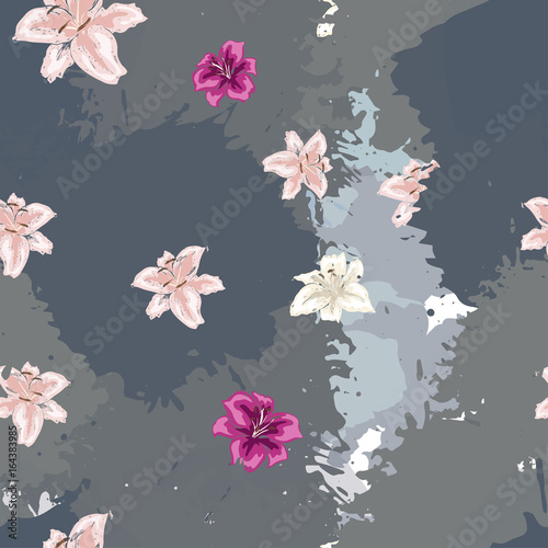 Fototapeta Naklejka Na Ścianę i Meble -  Abstract watercolor gray spot background with lilies. Splash texture background. Trendy soft color. Vector illustration.
