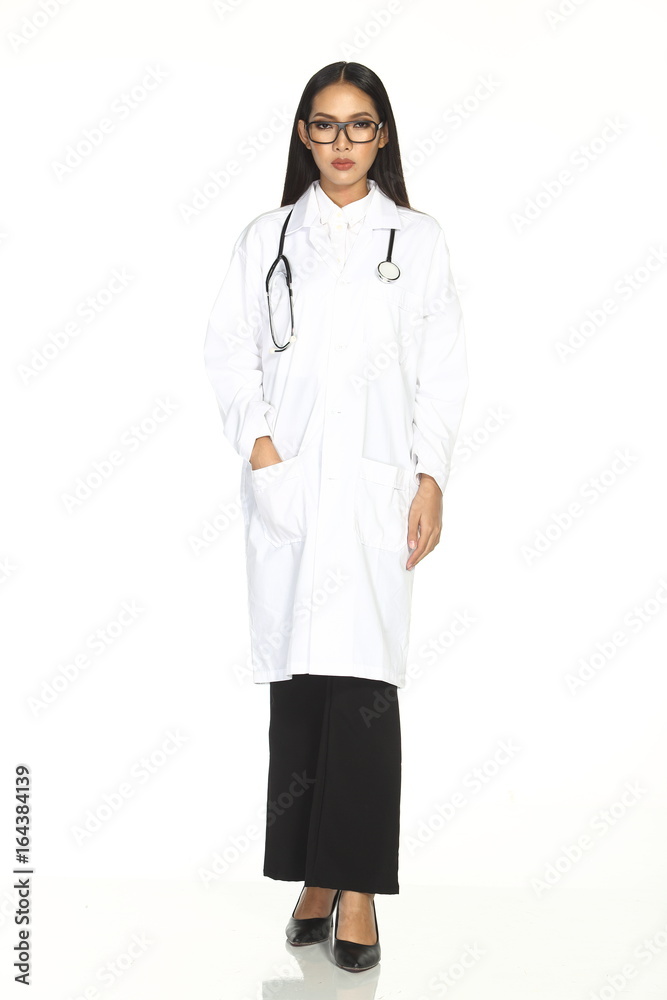 Full length stand of Smart Doctor woman with stethoscope on neck with glasses Full length stand of Smart Doctor woman with stethoscope on neck with glasses