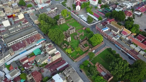 Aerial scene from drone: Ruins of hao Phraya Vichayen, Historical Building and the famous public temple in Lopburi, Thailand