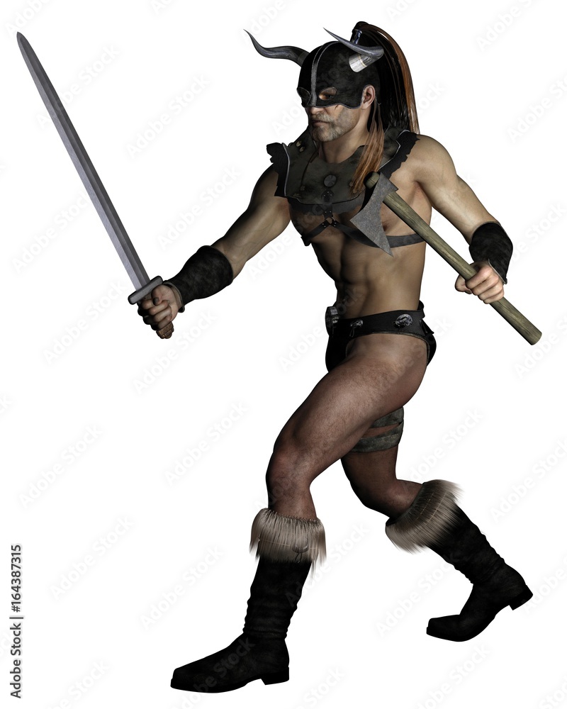 Old Barbarian Warrior with Sword and Axe, Ready to Attack - fantasy illustration Old Barbarian Warrior with Sword and Axe, Ready to Attack - fantasy illustration