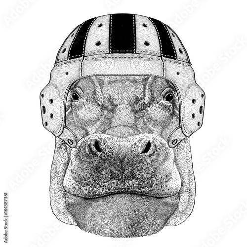 Hippo, Hippopotamus, behemoth, river-horse Wild animal wearing rugby helmet Sport illustration