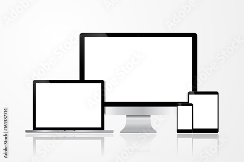 Realistic Computer, Laptop, Tablet and Mobile Phone with White Wallpaper Screen Isolated. Set of Device Mockup Separate Groups and Layers. Easily Editable Vector.