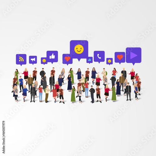 Large group of people with different signs: like, thumb up, phone call, heart, play, wifi, share. Social network concept. Vector illustration.