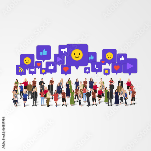 Large group of people with different signs: like, thumb up, phone call, heart, play, wifi, share. Social network concept. Vector illustration.