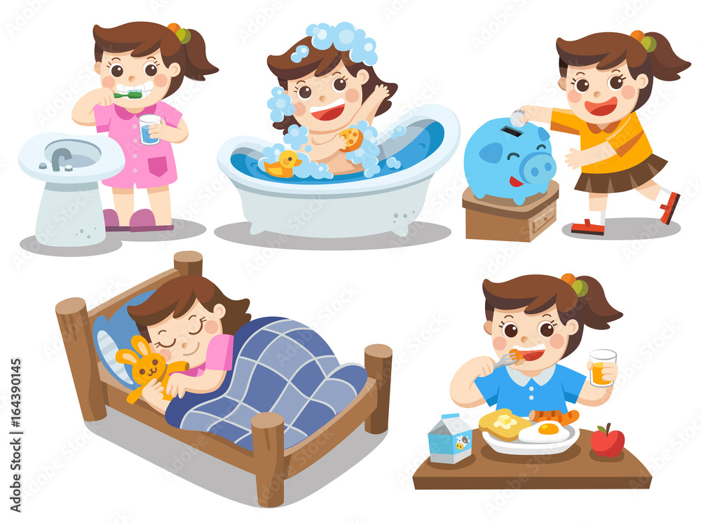 The daily routine of a cute girl on a white background. [sleep, brush  teeth, take a bath, eat, saving money] Stock Vector | Adobe Stock