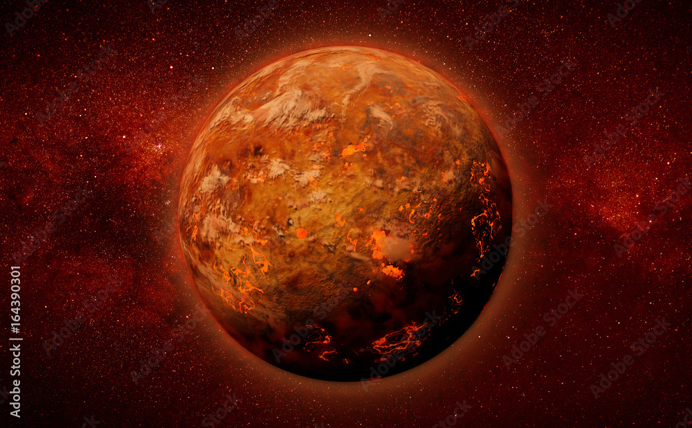 Naklejka premium alien planet with lava streams in a star field 