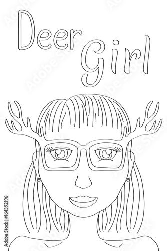 Deer Girl coloring page. Cute girl black line vector illustration. Boho style fashionista girl print.