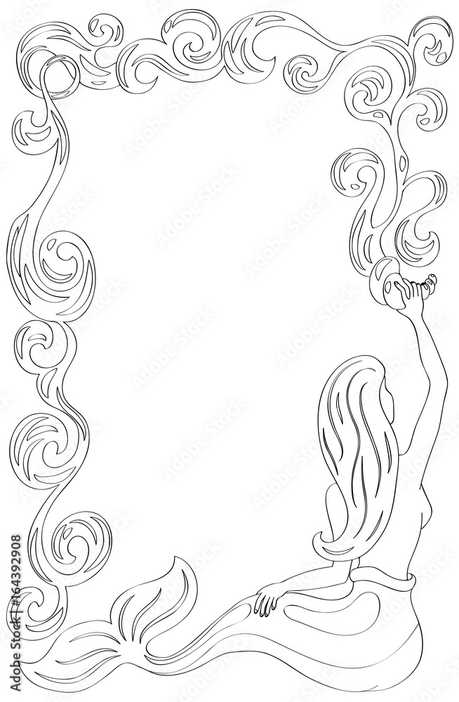 Mermaid frame with water flow. Mermaid coloring page. Black line vector illustration for adult or teen coloring.