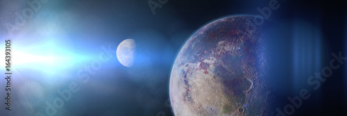 exoplanet and exomoon lit by an alien sun