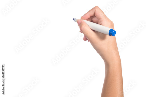 Female hand holding a blue marker isolated on white background
