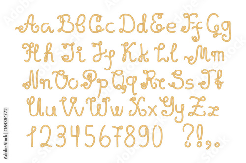 Yellow nautical rope alphabet, hand-drawn vector letters and numbers.