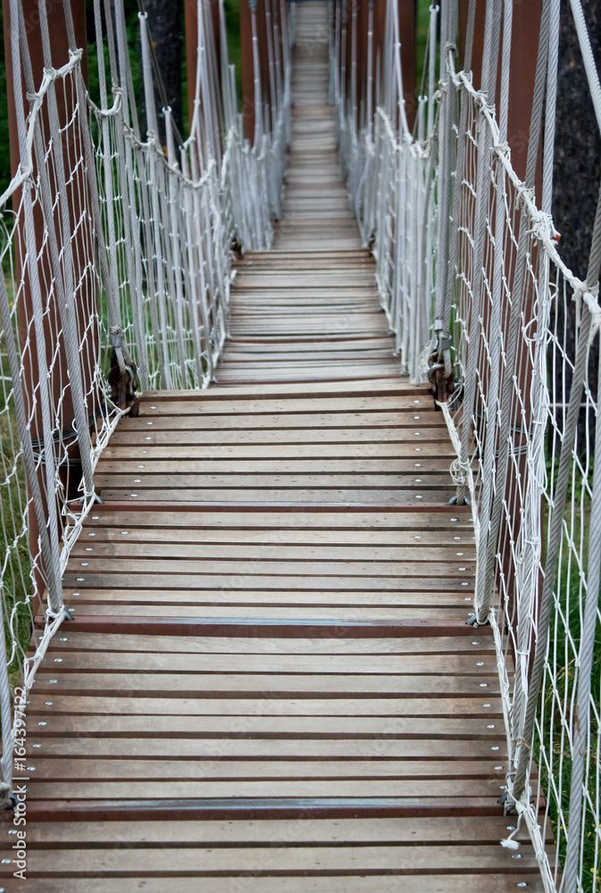 Rope bridge with selective  focus. Vertical picture.