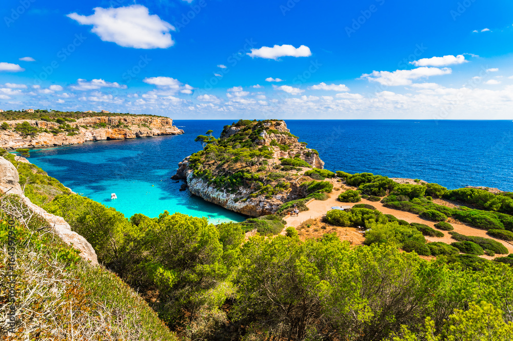 Beautiful island scenery, Majorca Spain seaside of Cala des Moro beach bay, Mediterranean Sea, Balearic Islands