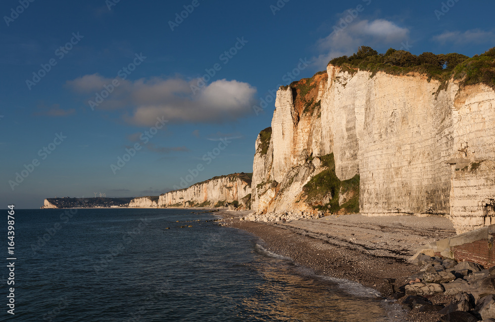 The beautiful and dramatic chalk cliff coastline of Yport with Fécamp in the distance, a commune in the Seine-Maritime department in the Normandy region of north western France