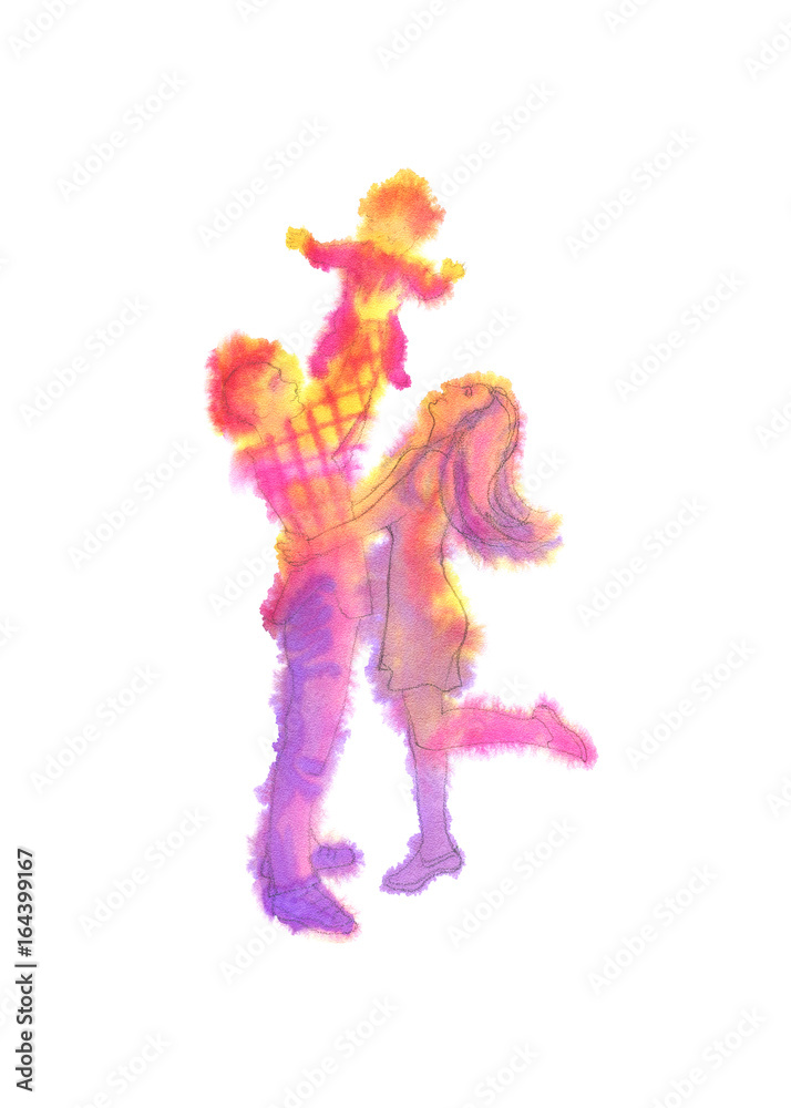 Watercolor silhouette of happy smiling young parents and baby. Hand drawn family on white background. Painting children and fashion illustration in rainbow style. Happy fathers day celebrating Watercolor silhouette of happy smiling young parents and baby. Hand drawn family on white background. Painting children and fashion illustration in rainbow style. Happy fathers day celebrating