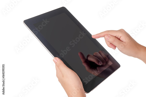 close-up hand holding tablet isolated white background photo