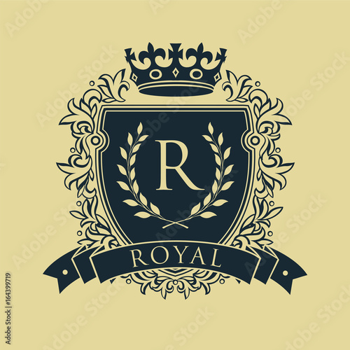 Coat of arms. Heraldic royal emblem shield with crown and laurel wreath. Vector illustration