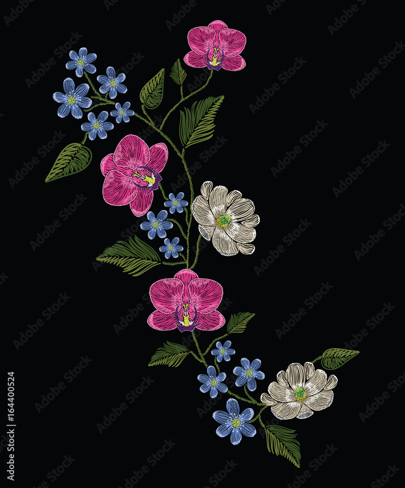 Fototapeta premium Embroidery stitches with orchid, magnolia and hepatica flower.. Decoupage. Vector fashion ornament on black background for traditional floral decoration. Pattern for textile and fabrics.