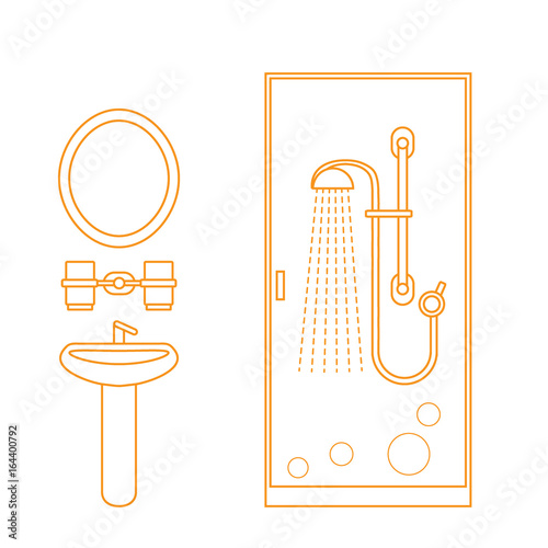 Cute vector illustration of bathroom interior design: shower cabin, washbasin, mirror and other.